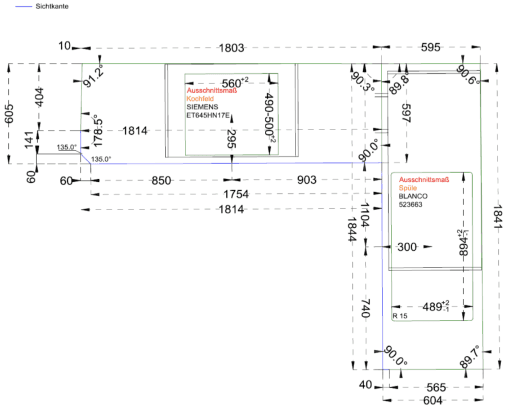 Beispiel einer technischen Zeichnung der Küchenarbeitsplatten einer L-Küche